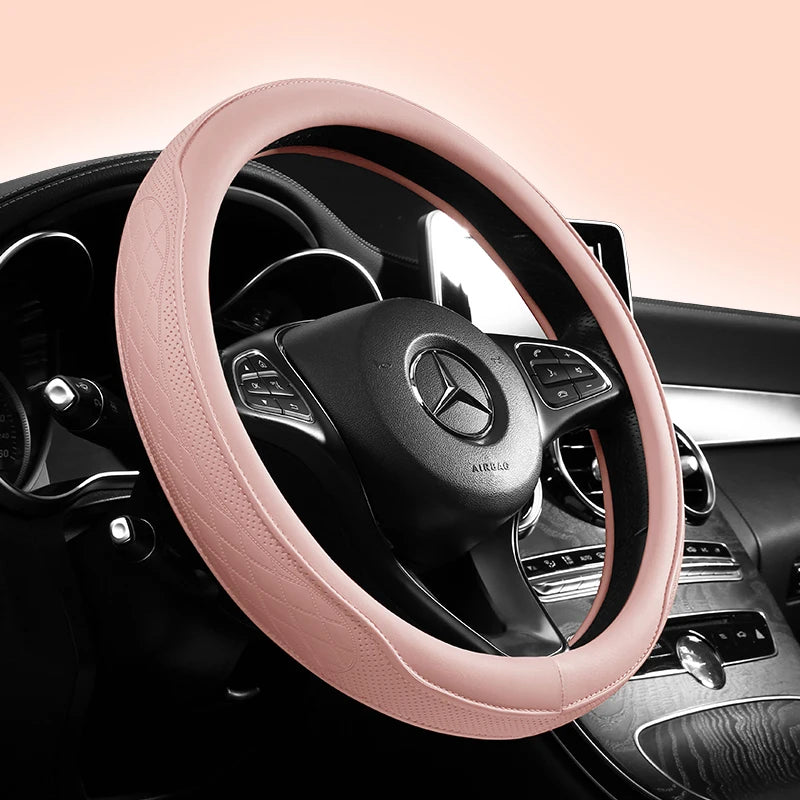 Napa Leather Perforated Patchwork Steering Wheel Cover - Non-slip & Breathable, Universal 15 Inch (38cm)