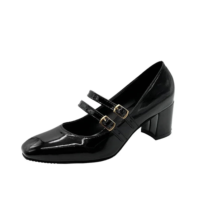2025 Women’s Double Buckle Leather Shoes – Square Toe & Heel, Solid Color Spring & Autumn Footwear