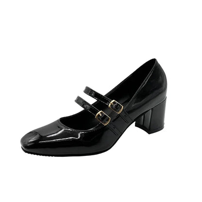 2025 Women’s Double Buckle Leather Shoes – Square Toe & Heel, Solid Color Spring & Autumn Footwear