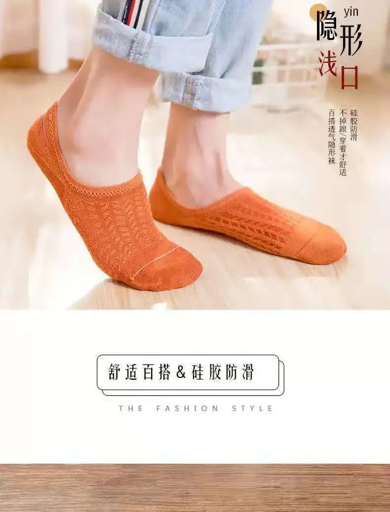 5 Pairs Women's Silicone Invisible Boat Socks - Summer Solid Color Ankle Socks, Soft Cotton Slipper, Size 35-40 EUR