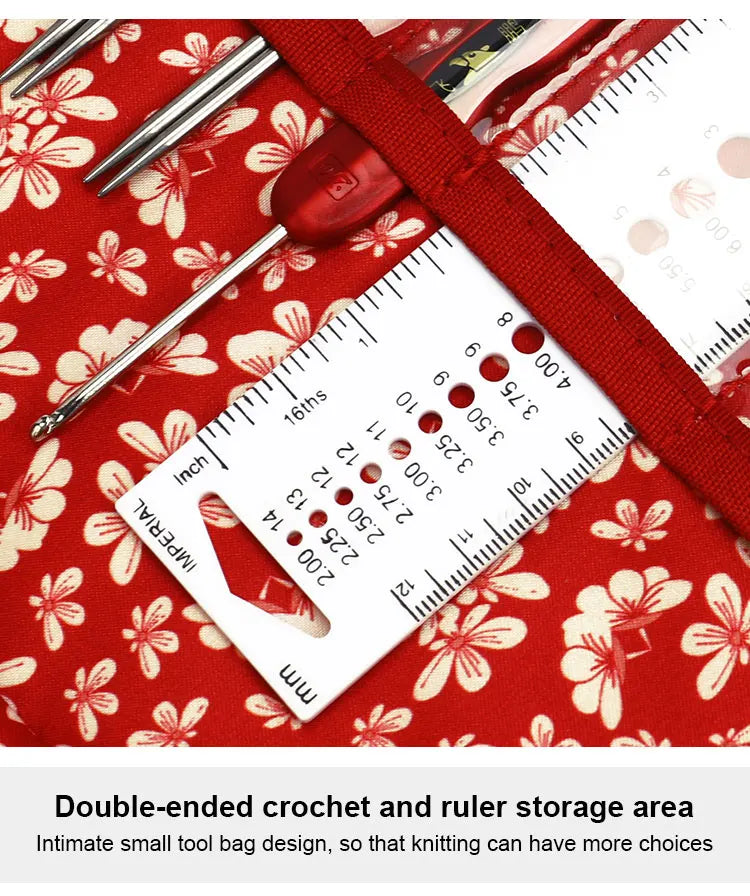Cotton Knitting Needles Organizer Bag – Red Detachable Storage for Crochet Hooks & Sewing Accessories