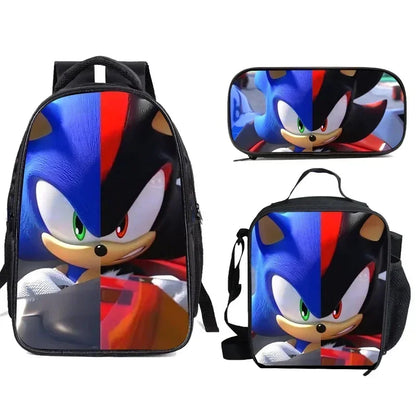 3PC Cartoon School Bag Set – Sonic Lunch Bag, Pencil Case & Backpack for Primary & Middle School Students