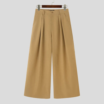 INCERUN Men Wide Leg Pants - Loose Pleated Casual Streetwear Button Trousers S-5XL
