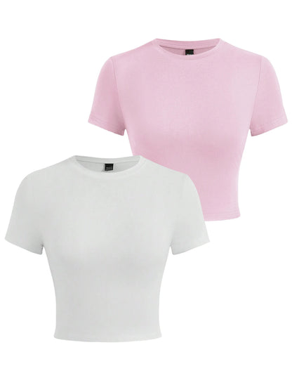 Y2K Women’s Solid Cotton Crop Top – Short Sleeve, High-Elastic O-Neck T-Shirt for Summer Streetwear & Sporty Fashion