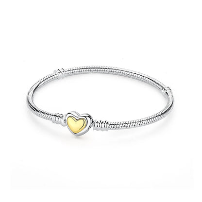 925 Sterling Silver Love Heart Charm Bracelet – Rose Gold Snake Chain Bangle for Women | DIY Luxury Bead Jewelry Accessories