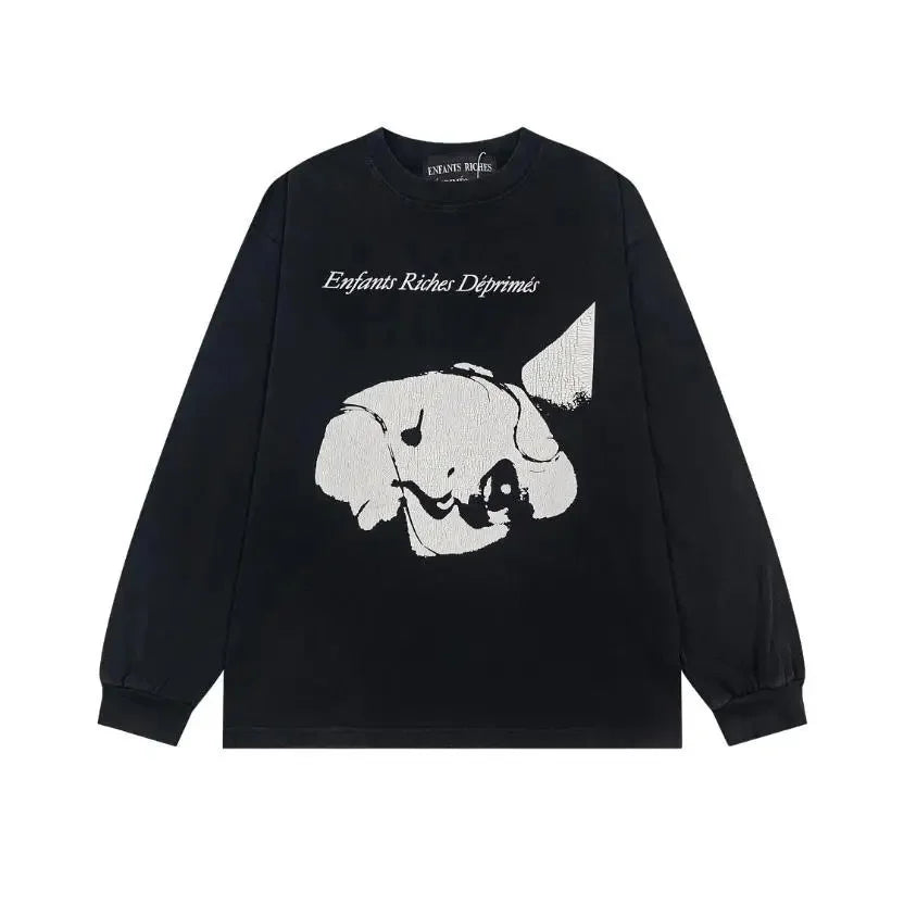 Washed Casual Hoodie Sweatshirt — Unisex Loose-Fit Street Style Crew Neck with Lip Print Letter Design, Vintage Comfortable Top
