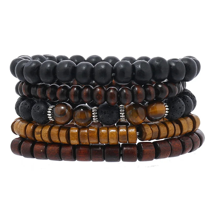 4Pcs Men's Braided Leather Bracelets Set – Vintage Life Tree & Rudder Charms, Wood Beads, Ethnic Tribal Wristbands