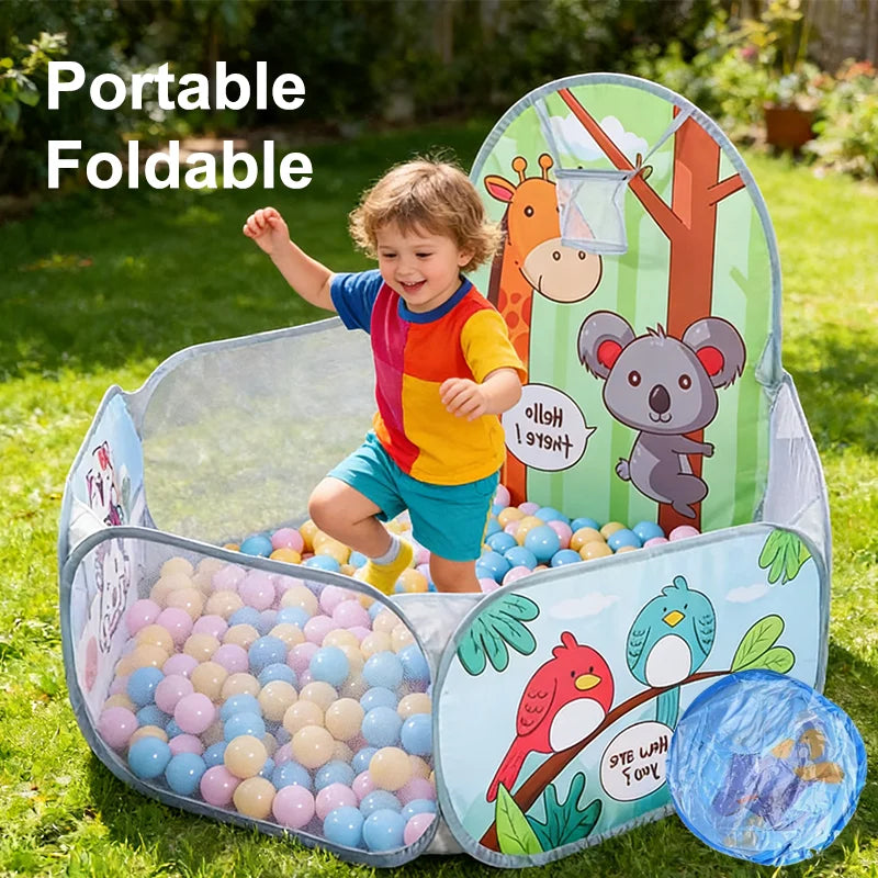 120cm Kids Cartoon Ball Pit Playpen with Basketball Hoop - Portable Foldable Baby Playground Tent for Indoor and Outdoor Play