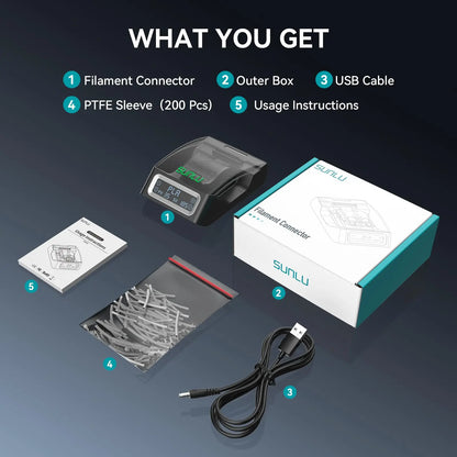 SUNLU 1.75mm Filament Connector – Fast Welding Splicer for PLA/PETG/TPU/ABS/Nylon, 200Pcs PTFE Sleeve