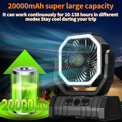 20000mAh / 10000mAh USB Rechargeable Camping Fan — Portable Wireless Air Circulator with 270° Rotating Head & Hook