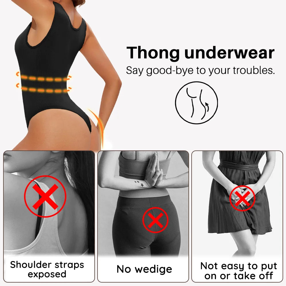 Women’s Seamless Shapewear Bodysuit – Thong Body Shaper with Wide Shoulder Straps for Sculpting & Slimming