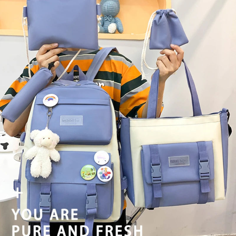 5-Piece School Bag Set – Canvas Backpacks for Teenage Girls & Women, Solid Color Student Schoolbags