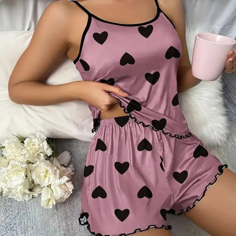 Women's Satin Pajama Set – Soft Printed Cami Top & Shorts Sleepwear for Home & Daily Wear
