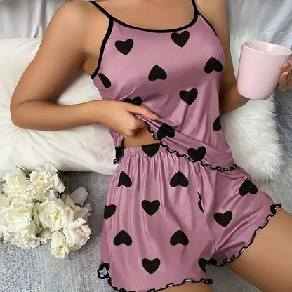Women's Satin Pajama Set – Soft Printed Cami Top & Shorts Sleepwear for Home & Daily Wear