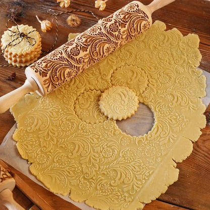 Arjmide 35X4.5CM European Retro Flower Window Grilles Wooden Embossed Cookies Rolling Pin - Deep Engraved 3D Mold for Baking - ZM006