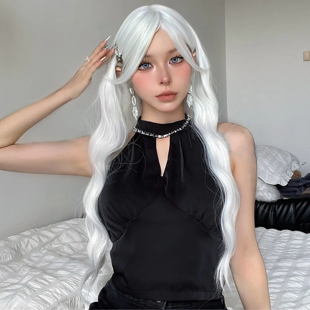 Long Water Wave Wig with Bangs: White Colorful Cosplay Silky Wig for Women - Daily Party Natural Soft Synthetic Hair, Heat Resistant