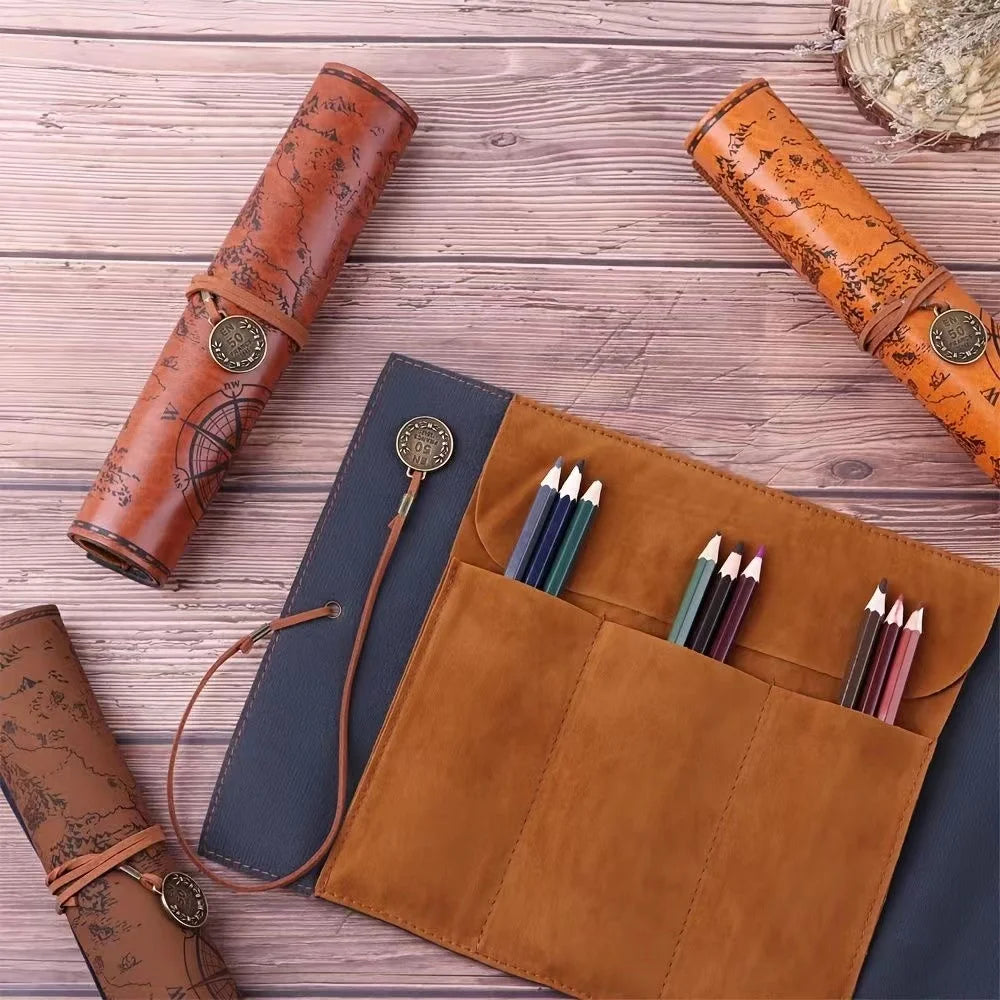 Creative Treasure Map Leather Pencil Case – Large Capacity Roll-Up Pencil Bag with Embossed Buckle, Retro Stationery Organizer