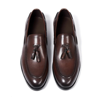 Men’s Genuine Leather Tassel Loafers - Handmade Slip-On Casual Dress Shoes for Office Wedding and Daily Wear