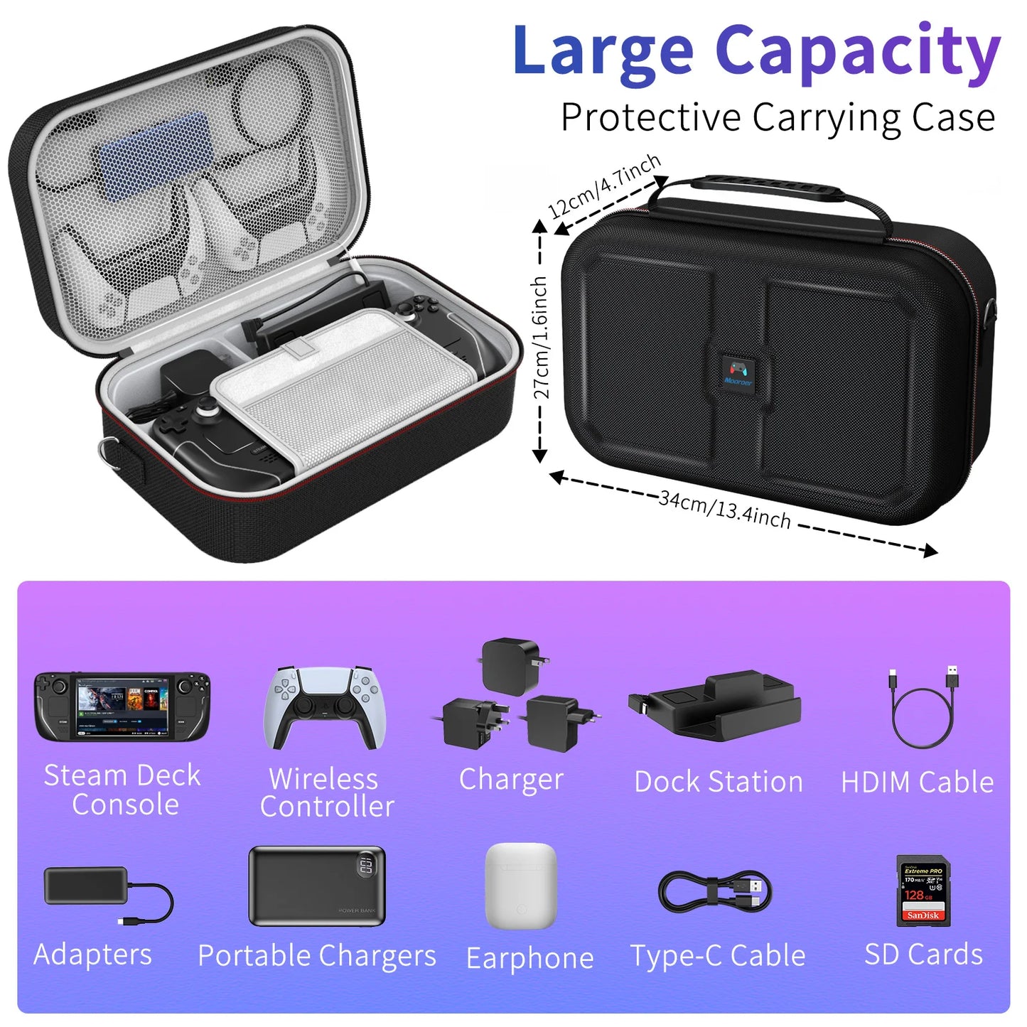 Steam Deck Carrying Case - Large Capacity Portable Storage for Console & Accessories with Built-in Protection