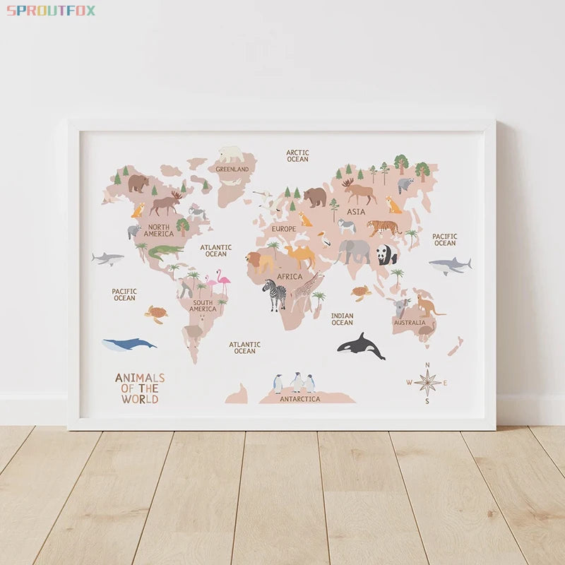 Pastel Animal World Map Canvas Wall Art – Educational Nordic Poster Print for Kids Room Decoration & Nursery Home Decor