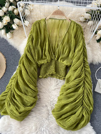 Women's Draped Chiffon Blouse - Elegant V-Neck Puff Sleeve Slim-Fit Party Top for Summer Fashion