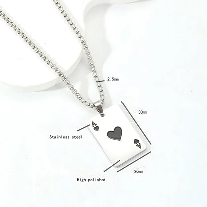 Hip Hop Poker Card Necklace – Stainless Steel Ace of Spades & Hearts Pendant Chain for Men
