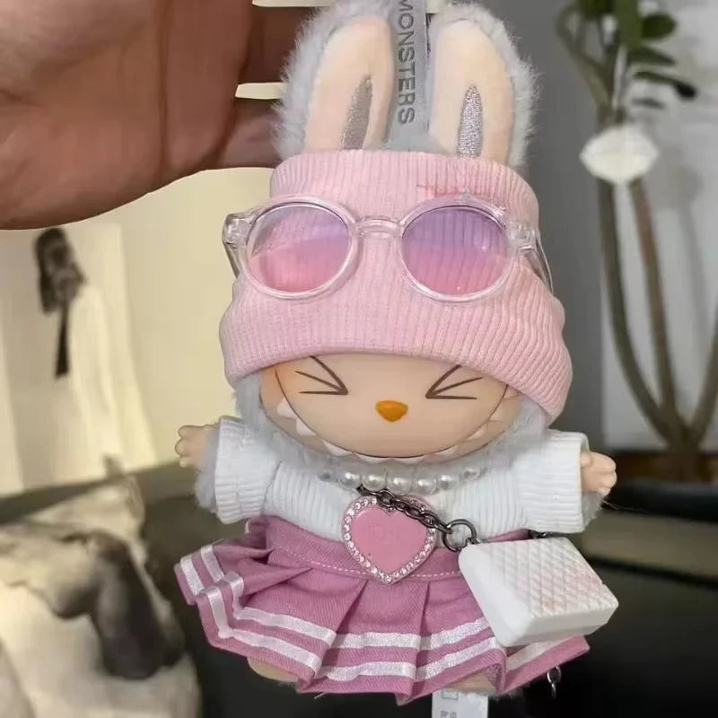 Mini Doll Clothes Outfit Set – 15-17cm Labubu V1-V3 Uniform Skirt, Sweater & Sunglasses Accessories