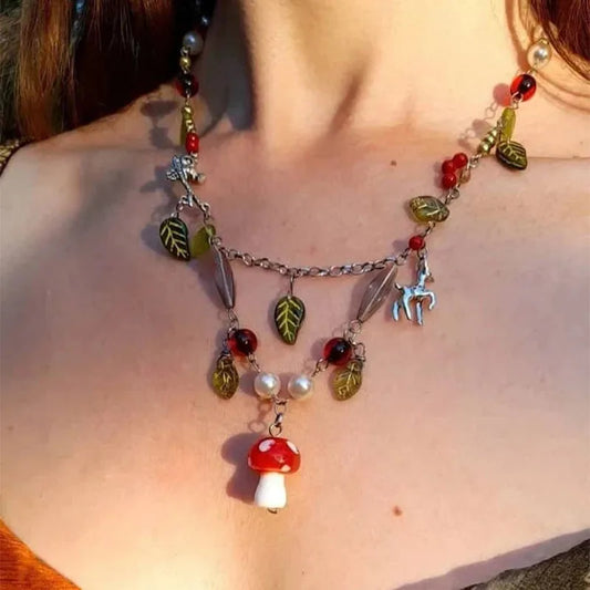 Amanita Mushroom Beaded Necklace - Cottagecore Fairy Initial Y2K Fashion Jewelry for Women