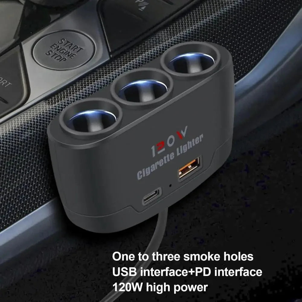 120W 3-in-1 Fast Charge Car Charger - Cigarette Lighter Power Adapter for Mobile Phones, DVR & GPS Devices