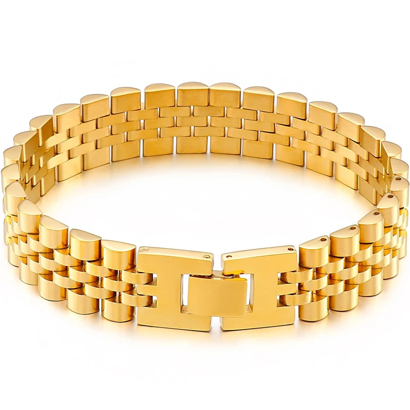 15mm Wide Gold Stainless Steel Watch Chain Bracelet – Luxury Waterproof Men’s Wristband Jewelry for Men & Boys Wholesale Style