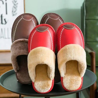 Men’s Winter Leather Slippers — Waterproof, Thick Velvet Cotton Indoor Home Shoes, Warm Bedroom Footwear