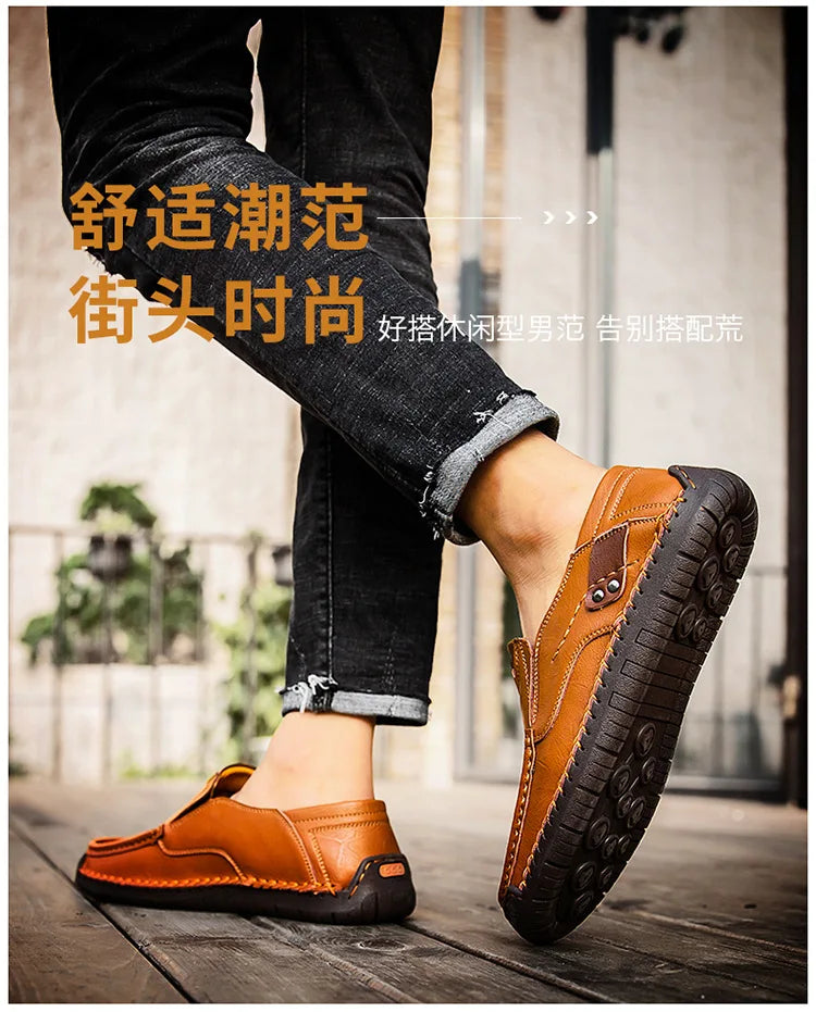 Handmade Leather Men’s Loafers – Casual Slip-On Flats, Comfortable Outdoor Walking Shoes