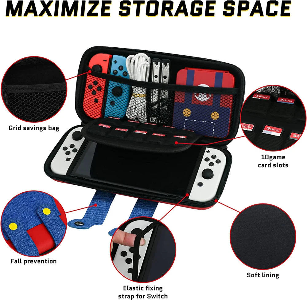 EVA Storage Case for Nintendo Switch/OLED, Portable Carrying Case with 10 Game Holders, Cute Mario Design