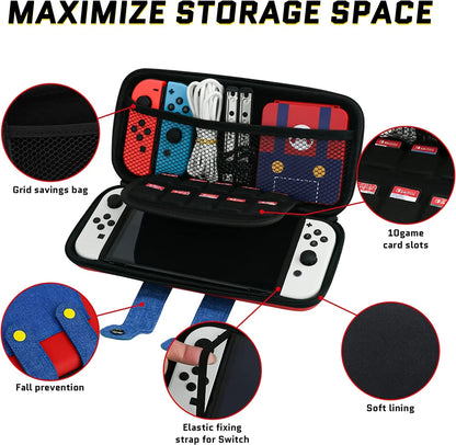 EVA Storage Case for Nintendo Switch/OLED, Portable Carrying Case with 10 Game Holders, Cute Mario Design