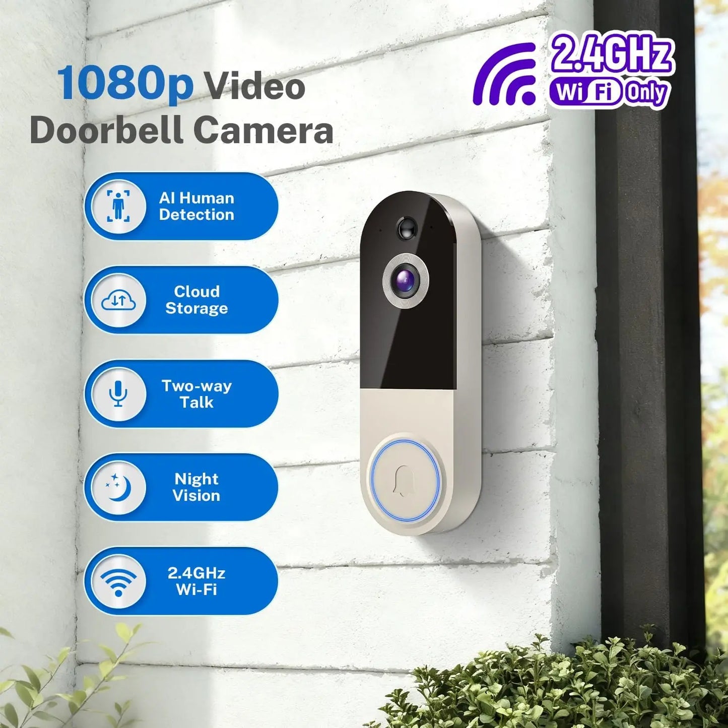 Rechargeable Wireless 1080P Video Doorbell Camera – Night Vision, AI Motion Detection & Cloud Storage