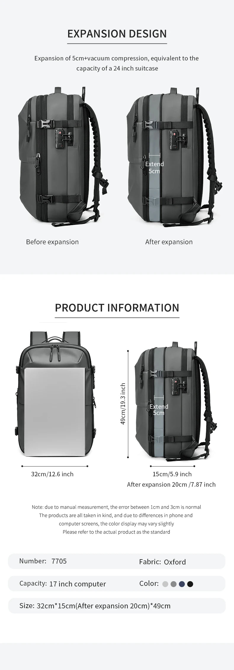 Men's Travel Backpack – Vacuum Compression, 17-Inch Laptop Backpack, Large Capacity Business & School Backpack, Expanded Hiking Bag