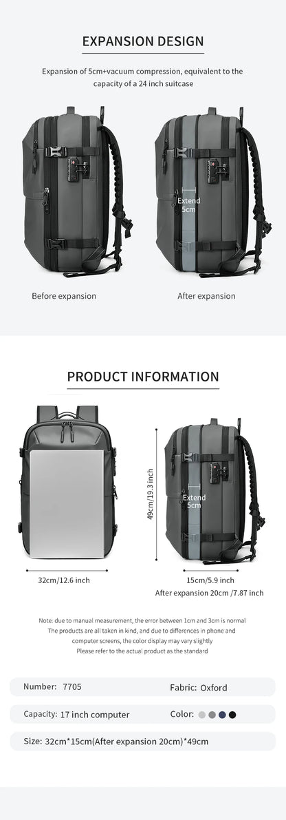 Men's Travel Backpack – Vacuum Compression, 17-Inch Laptop Backpack, Large Capacity Business & School Backpack, Expanded Hiking Bag