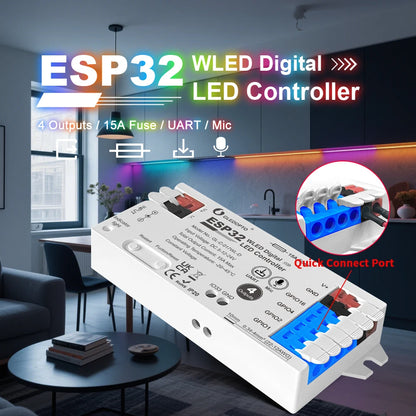 ESP32 WLED LED Strip Controller 4-Channel 15A Fuse, Level Shifter UART DIY Smart Lighting Module with Voice Control Support