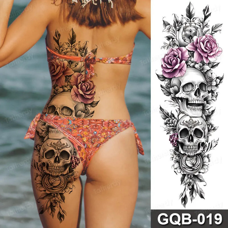 Full Arm Dragon Skull Tattoo Sleeve - Waterproof Temporary Body Art Sticker with Clock Compass Flower Design for Men & Women