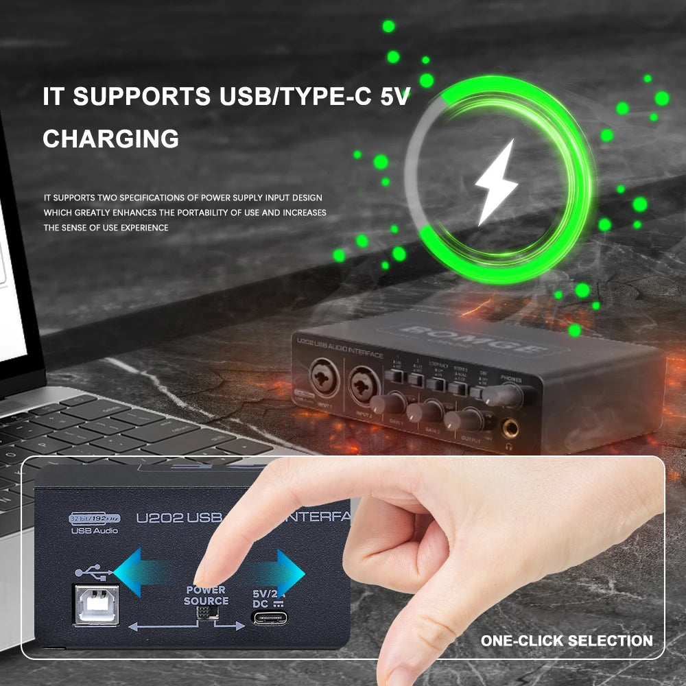 BOMGE U202 USB Audio Interface – Mic Preamplifier with XLR/TS/TRS Ports, 48V Phantom Power, 32-Bit/192kHz for Computer Recording & Streaming