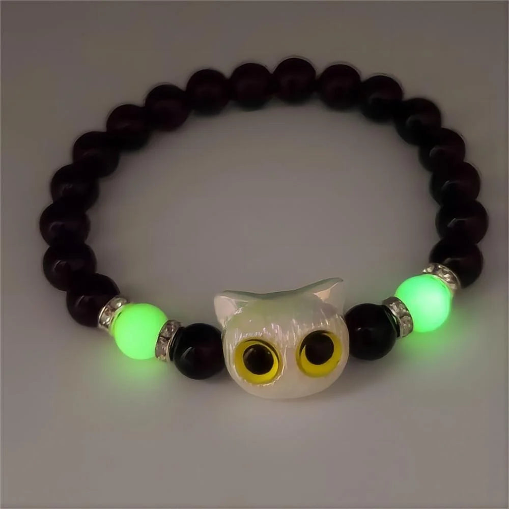 Couples Matching Luminous Cat Bracelets – Cute Black & White Cat Head Bead Friendship Bracelet for Men and Women