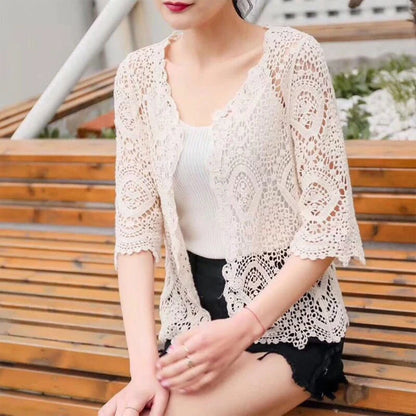 Women’s Knitted Lace Shrug – Boho Hollow Crochet Floral 3/4 Sleeves, Open Front Cropped Cardigan, Elegant Mesh Sweater Cover-Up