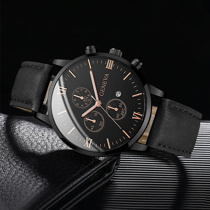 Men's Casual Watch – Leather Band Analog Quartz with Calendar Function