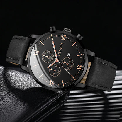 Men's Casual Watch – Leather Band Analog Quartz with Calendar Function