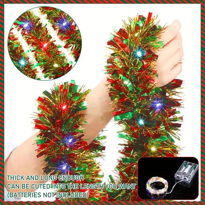 Christmas Tinsel Garland with LED Lights – Shiny Thick Garland for Tree & Home Decor