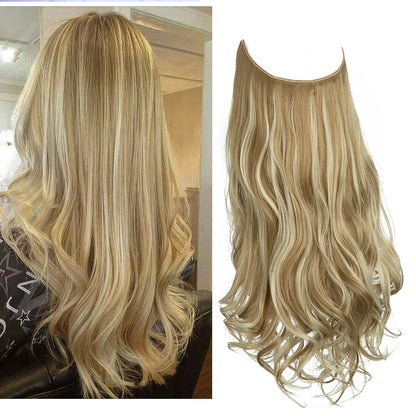 Synthetic Ombre Hair Extension - One Piece Invisible Wire Long Wavy Clipless False Hairpiece Black Blonde Pink