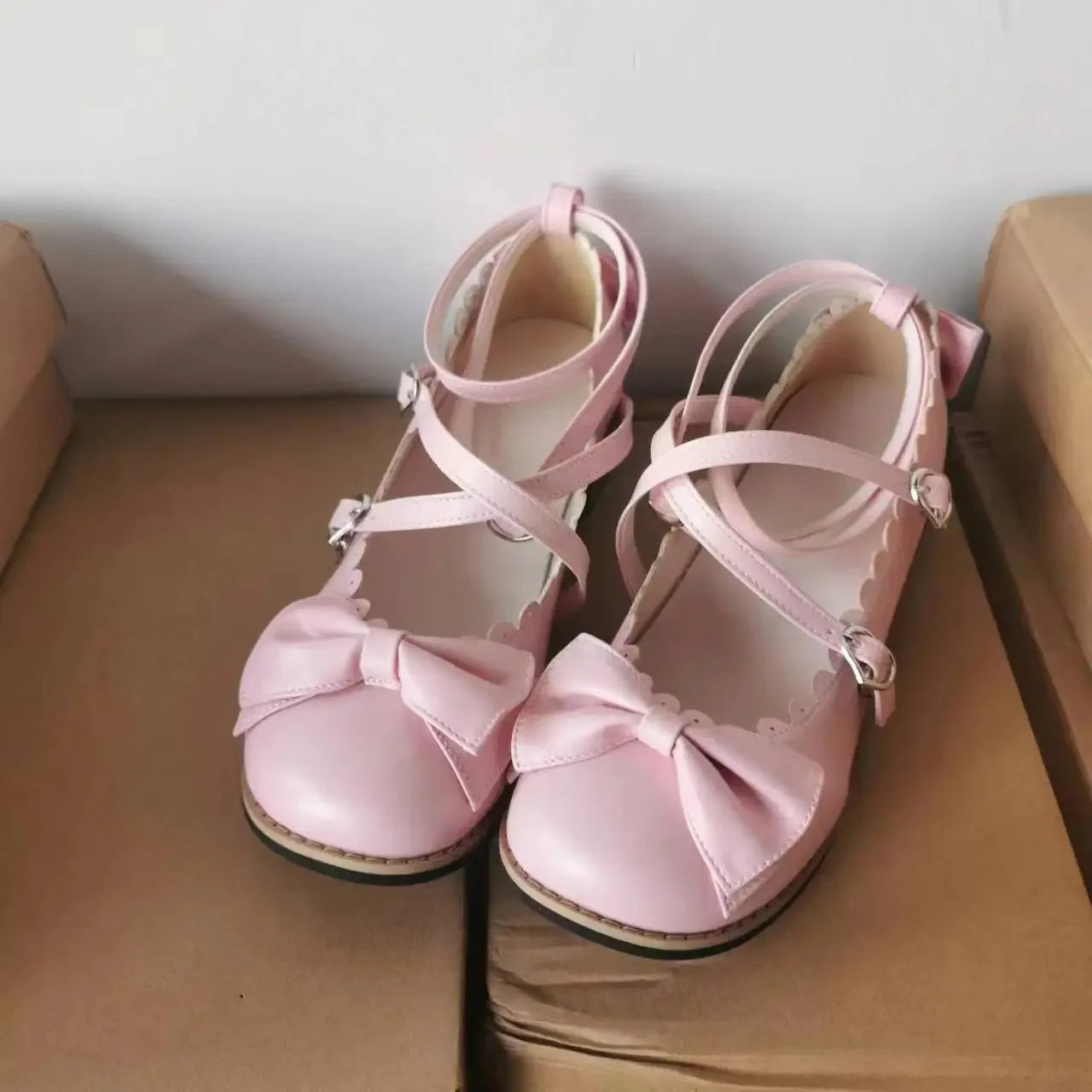 HoneyCherry Lolita Princess Shoes – Women’s Cute Flats with Bow, Cross Straps & Low Round Design