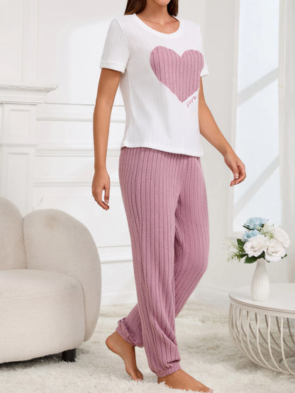Women’s Heart Print Pajama Set – Short Sleeve Top & Pants Two-Piece Loungewear