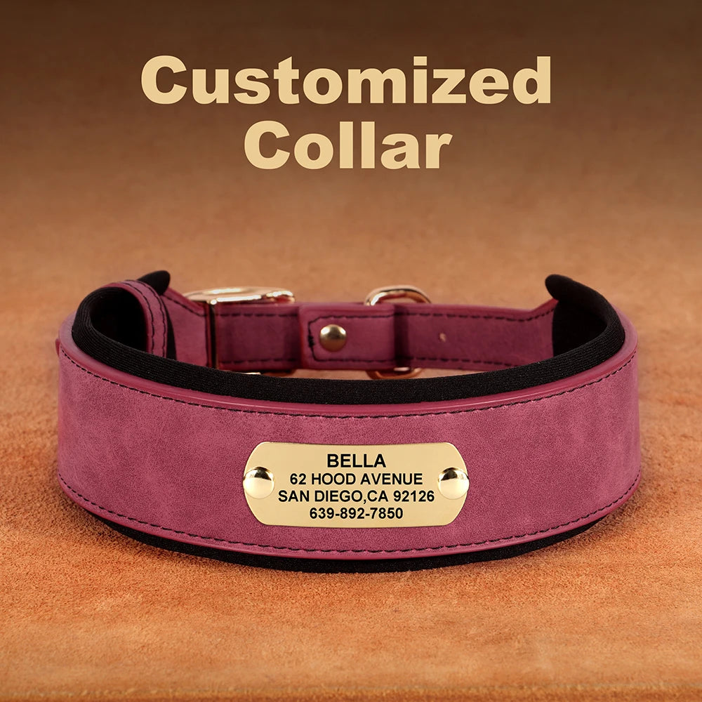 Wide Personalized PU Leather Dog Collar – Custom Tag Soft Pet Collar for Small, Medium & Large Dogs, Pitbulls & Bulldogs