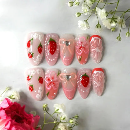 24PCS Strawberry Bow Press On Nails - Red Short Almond Pearl Starlight Floral False Nail Art Tips
